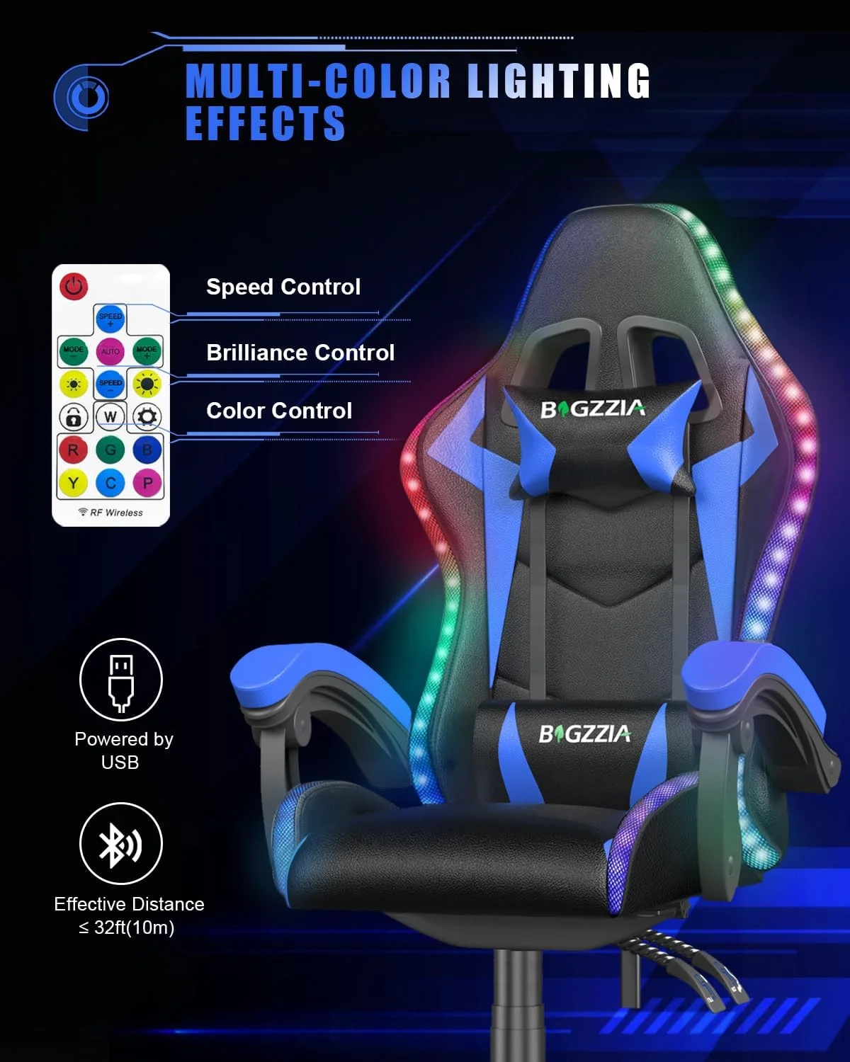 Bigzzia RGB Gaming Chair with LED Lights and Ergonomic Gaming Chair Reclining PU Leather High Back Game Chair with Headrest Adjustable Lumbar Support Linkage Armrest for Adults (Black/Blue) - Curated Treasures Market