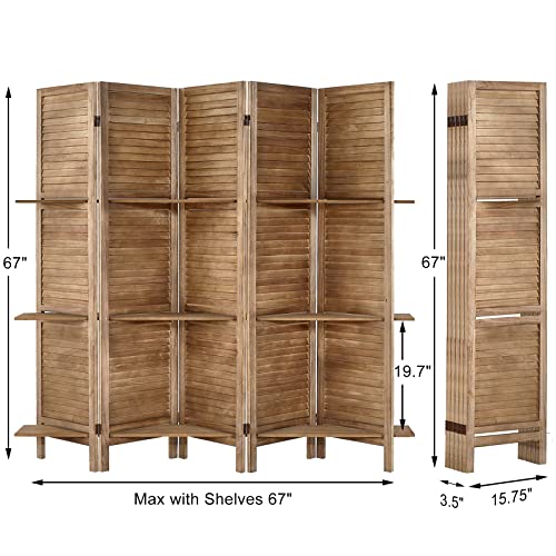 Room Divider with Shelves, Privacy Screen, Room Dividers and Folding Privacy Screens, 5 Panel Wood Temporary Wall Partition Separation Separator, Coconut