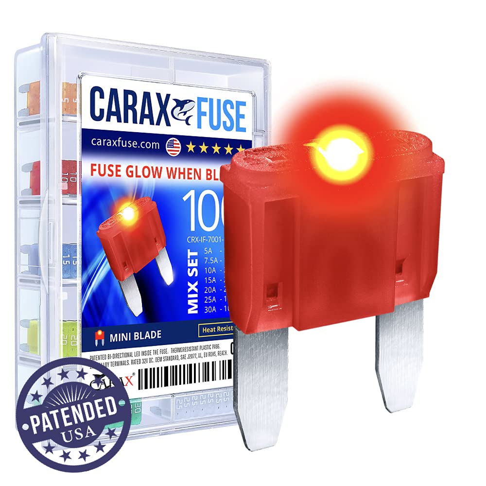 CARAX Glow Fuse – Premium Fuse Mini Blade – 100 pcs. Assortment Kit – Glow When Blown LED Automotive Fuse – Smart Auto Glow Fuse Easy Identification – Mix 100 pcs.