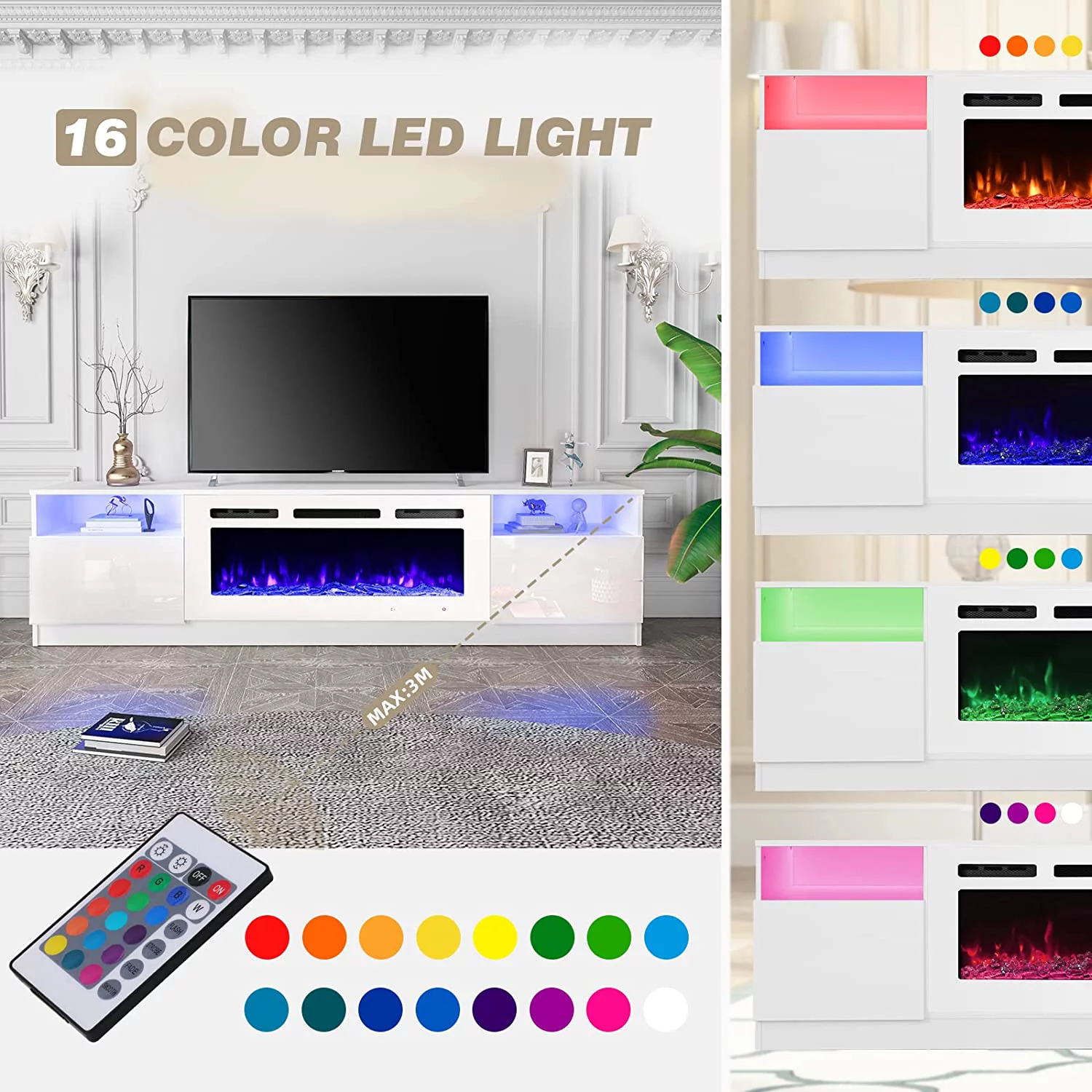 Erinnyees 80'' Fireplace TV Stand with 40'' Electric Fireplace, Entertainment Center with 16 Color Led Lights and 12 Flame Fireplace Insert Heater, TV Console for TVs up to 80'' for Living Room, White