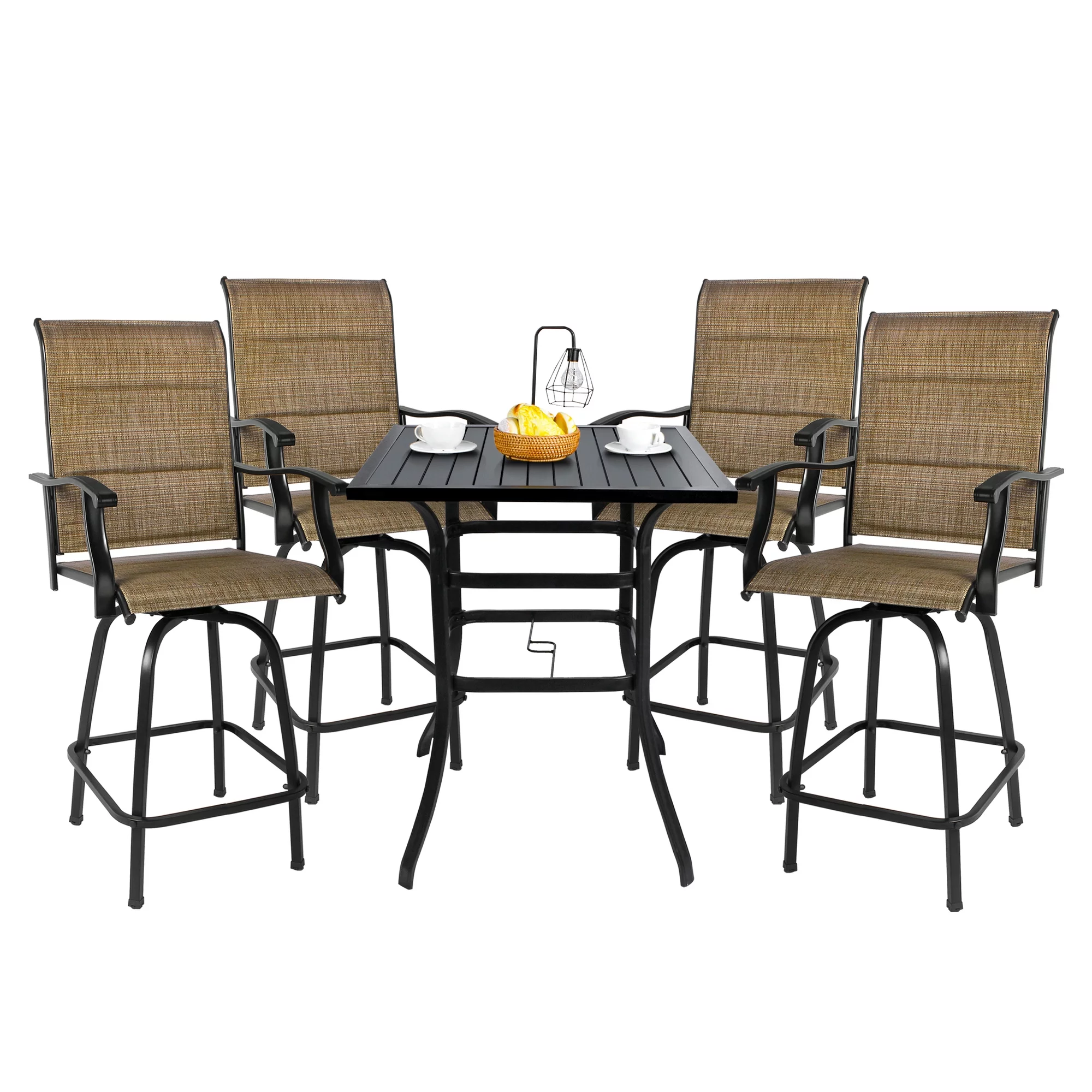 Bigroof 5-Piece Outdoor Textile Bar Set with Swivel Bar Stools Extra Wide Modern Patio Furniture Suitable for Patio Garden Porch Dining room, black, Steel
