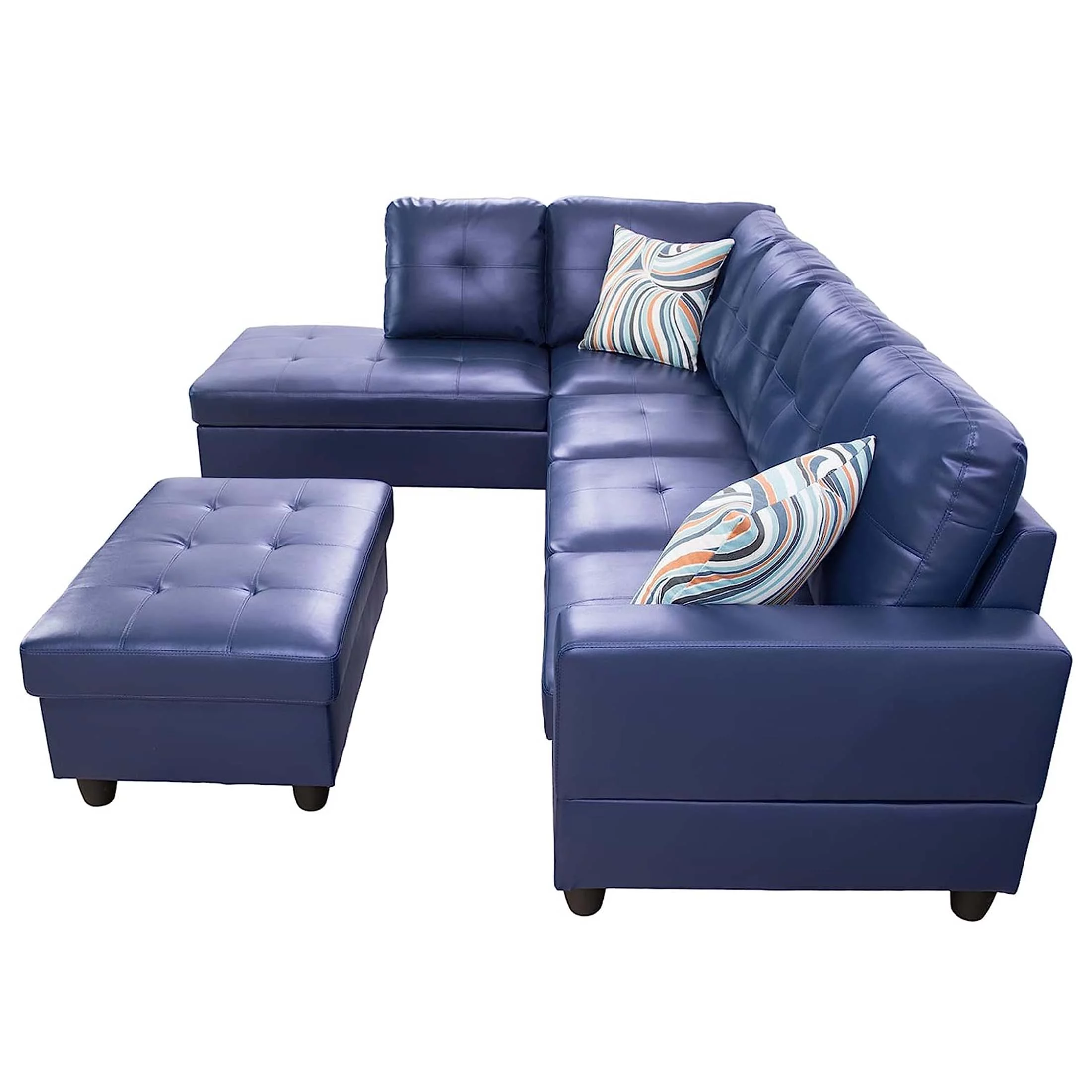 Momspeace Living Room Sectional Couch with Storage Ottoman, Modern PU Leather L-Shaped Sofa Couch Set - Blue