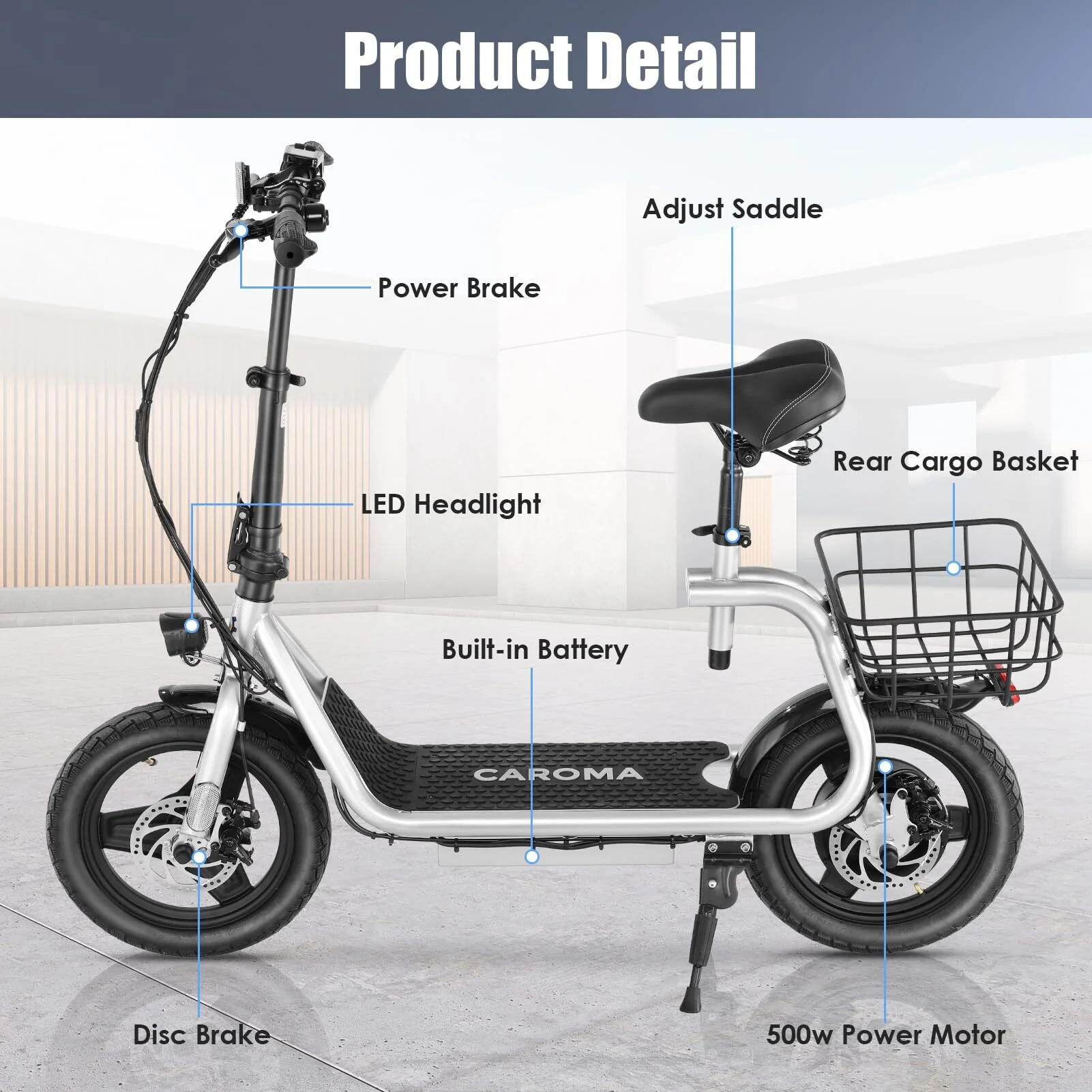 Caroma 800W(Peak) Adults Electric Scooter with Removable Seat, Max Speed 20mph Up to 25 Miles Range, 14" Tire for Commuting Scooter with Basket, Folding Electric Scooter, Silver
