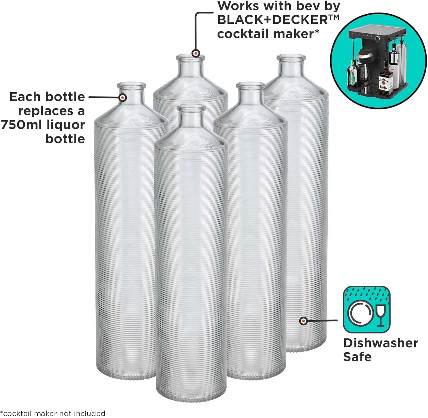 bev by BLACK+DECKER Cordless Cocktail Maker Machine and Drink Maker for Bartesian capsules (BCHB101) & bev by BLACK+DECKER Cocktail Maker Glass Liquor Dispenser Bottles, Dishwasher