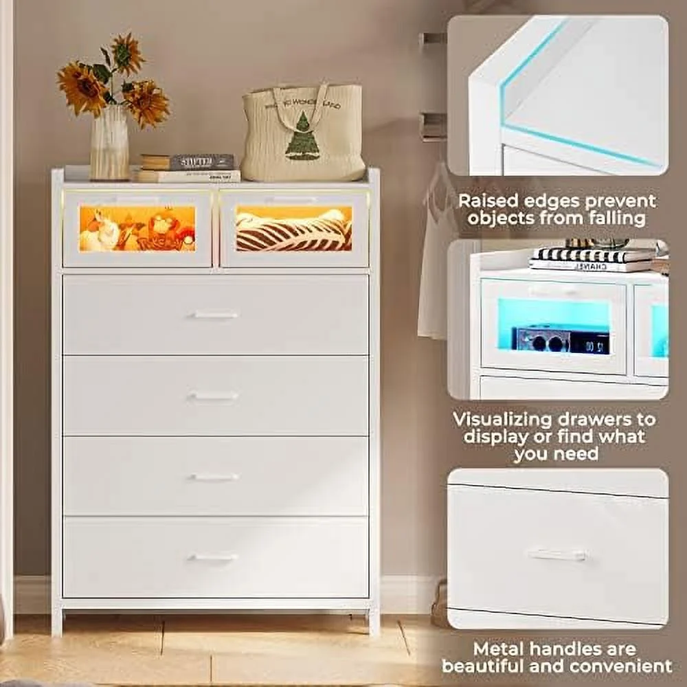 HOOMHIBIU Black Dresser for Bedroom  6 Drawer with LED Lights  Tall Wood Chest of Drawers  Modern Double Organizer  Large Capacity  Cabinet Entryway 6 Drawers-Tall