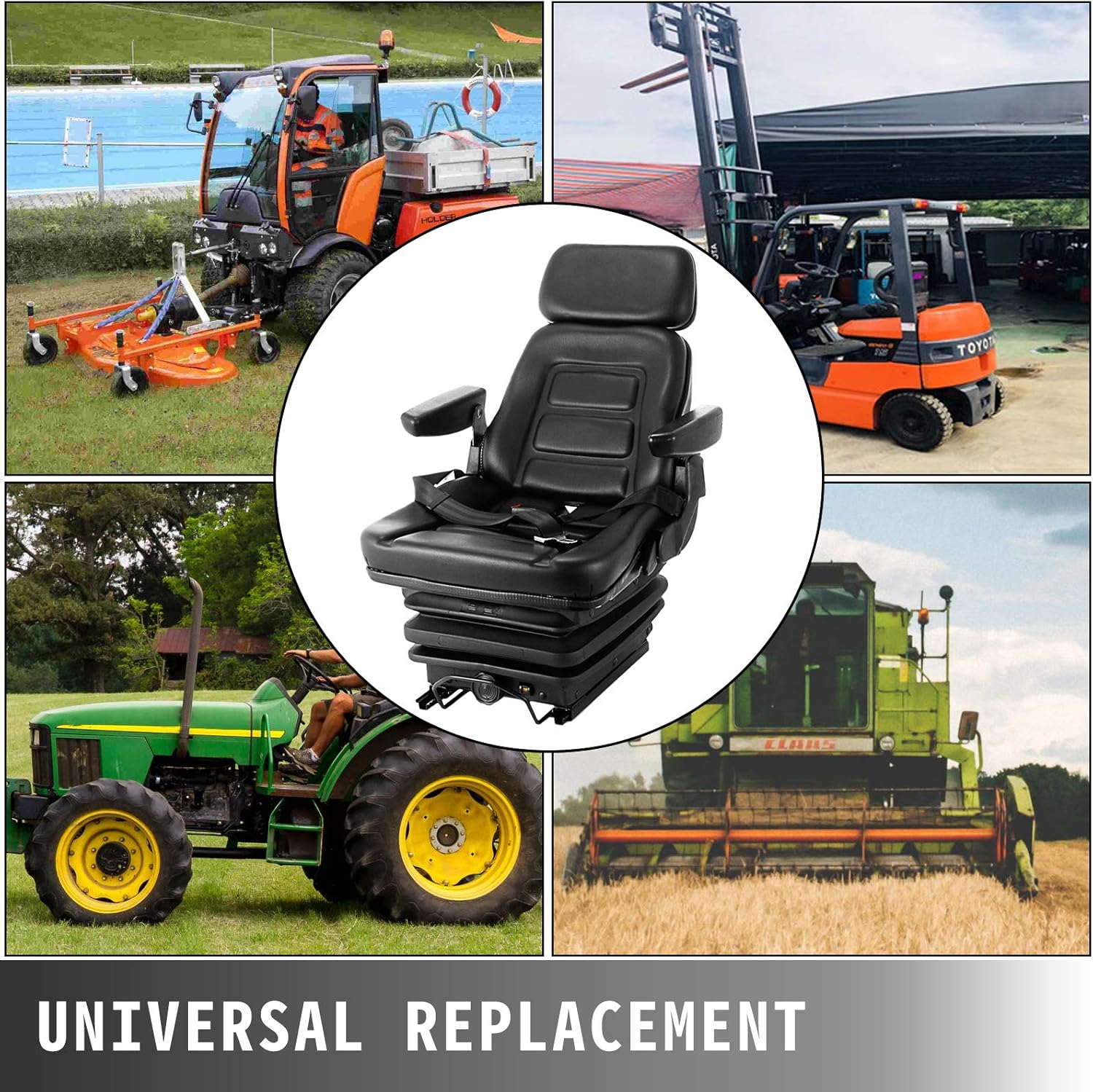 VEVOR Suspension Seat Adjustable Backrest Headrest Armrest, Forklift Seat With Slide Rails, Foldable Heavy Duty for Tractor Forklift Excavator Skid Steer