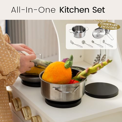Tiny Land Play Kitchen for Kids with Enhanced Storage – Modern Toddler Kitchen Playset with Stove, Sink & Accessories, Organized Wooden Toy Kitchen, Ideal for Toddlers