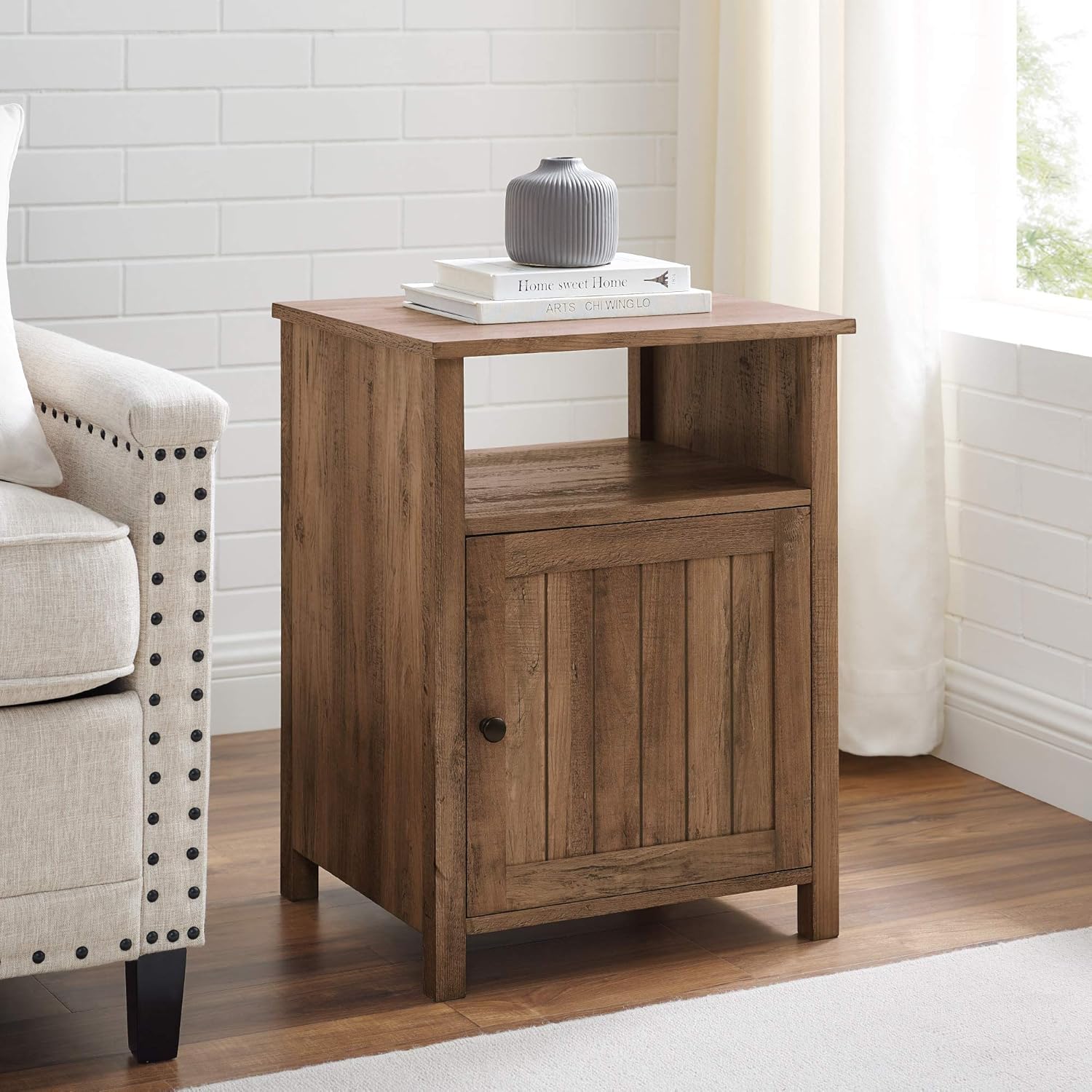 Walker Edison Modern Farmhouse Grooved Door Wood Side Accent Table Living Room Storage Small End Table With Cabinet Door, 18 Inch, Grey Wash