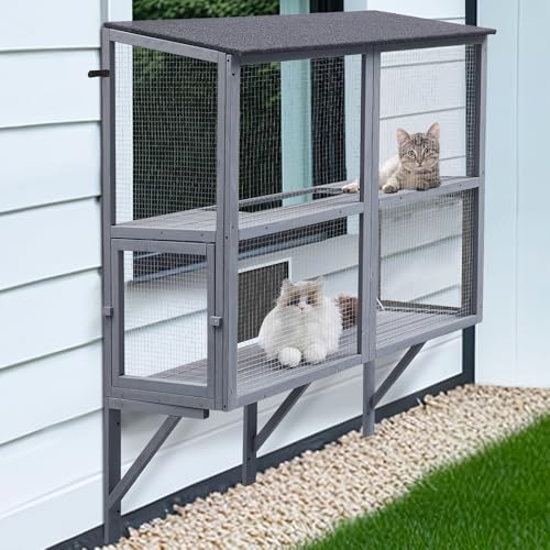 beeNbkks Bug Proof Cat Catio, Window Box Enclosure for Indoor Cats, Wooden Cat Window Perch House, Expandable for Multi Cats, Secure Comfortable Outdoor Haven for Cats, Keep Bugs Insects Out