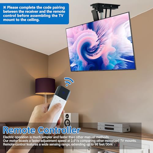 TOPSKY Electric Ceiling TV Mount with Remote, Motorized Flip Down Pitched Roof TV Mount for 32 to 70 Inch Flat Screen TVs
