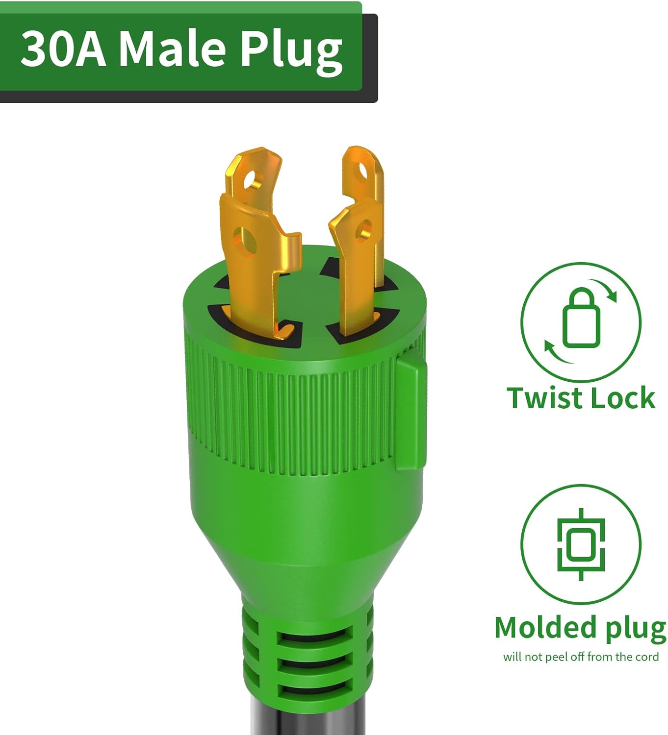 RVGUARD 4 Prong 30 Amp to 30 Amp RV Generator Adapter Cord 12 Inch, STW 10/3, L14-30P Locking Male Plug to TT-30R Female with LED Power Indicator, Green