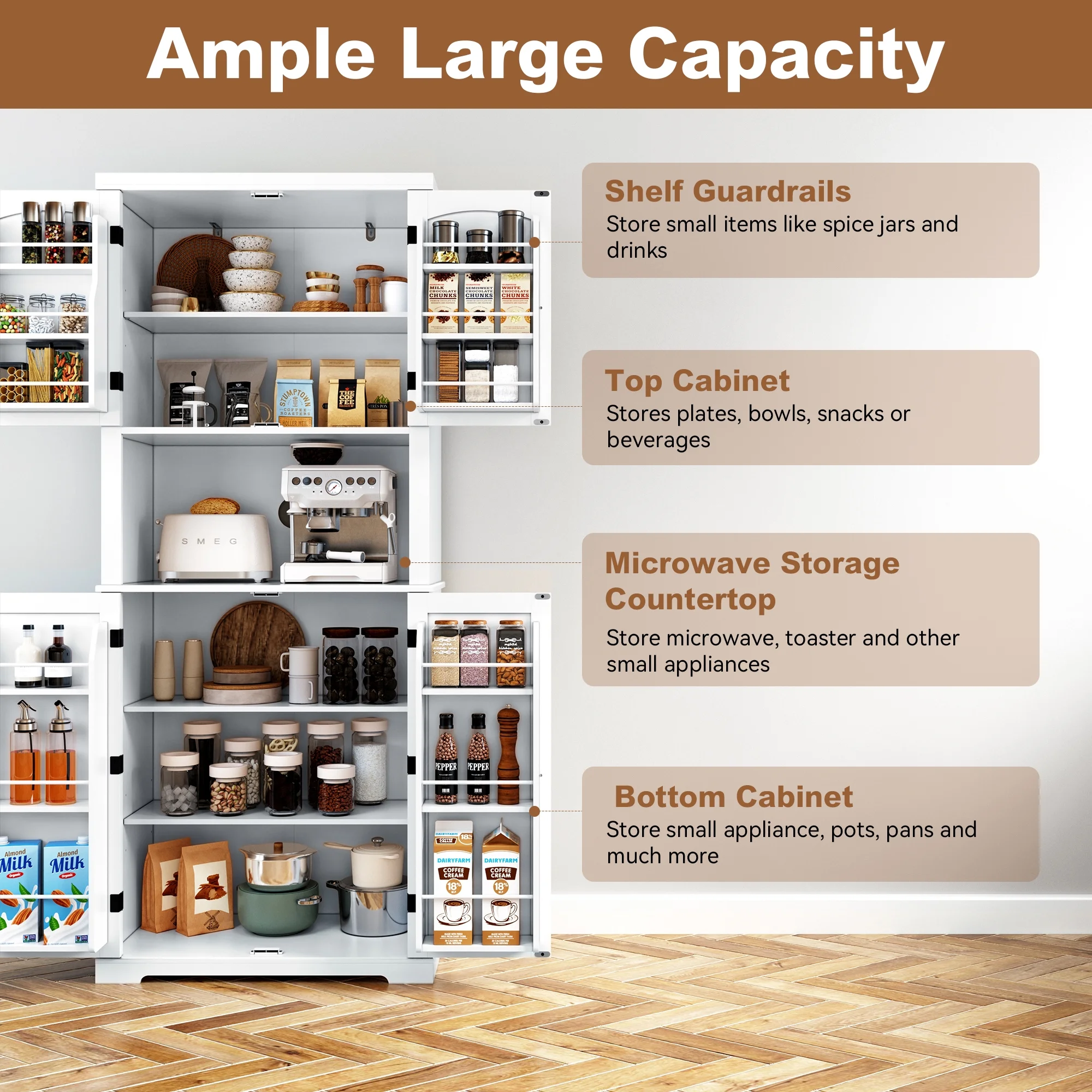 HLR 72" Kitchen Pantry Storage Cabinet, White Kitchen Hutch Cabinet with Microwave Stand, Freestanding Larder Cupboard，Utility Pantry with Doors and Shelves for Dining Room, Living Room, Laundry
