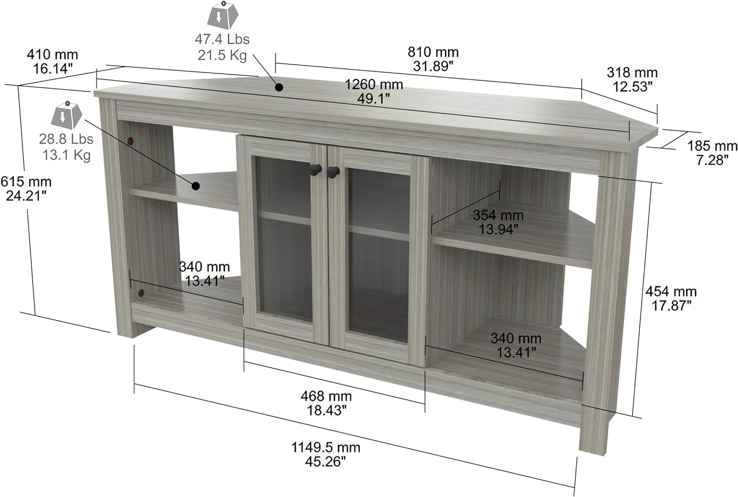 Corner TV Stand With Glass Doors, Oak