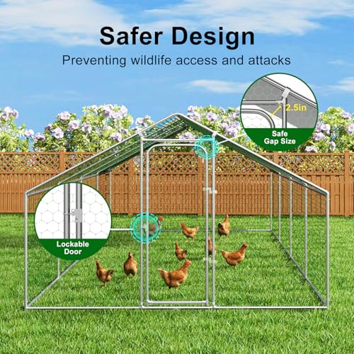 Large Metal Chicken Coop Walk-in Poultry Cage Chicken Run Pen Dog Kennel with Waterproof and Anti-Ultraviolet Cover for Outdoor Farm Use(9.8' L x 19.7' W x 6.4' H)