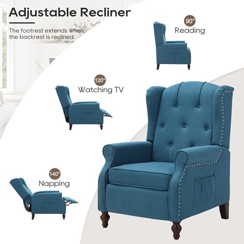 Wingback Recliner Chair with Massage and Heat, Tufted Fabric Pushback Recliner Chair, Wingback Chair with Remote Control, Padded Cushion, Wooden Legs, Small Recliners for Small Spaces