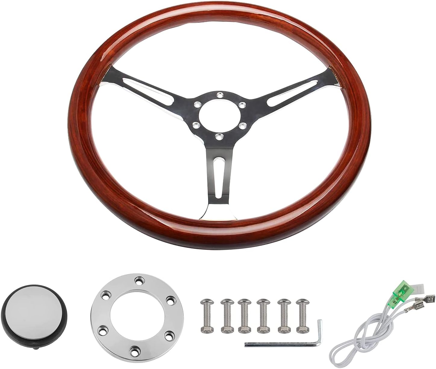 YIUIY 380MM 15" Wooden Steering Wheel with Horn Button Kit- Classic Wood Grain Steering Wheel - Nostalgia Hollow-carved 3 Slotted Style