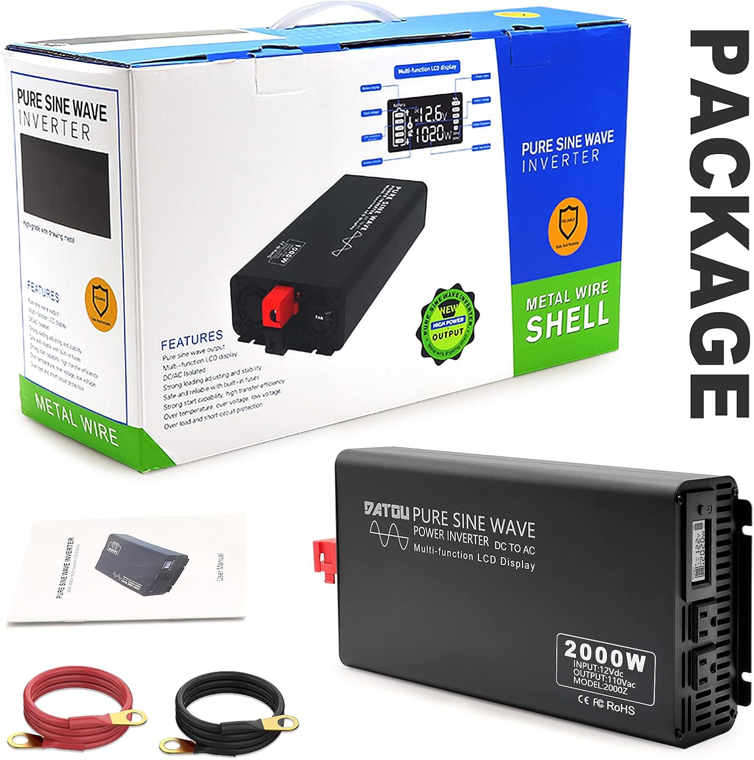 Pure Sine Wave Inverter 2000W Peak 4000W Power Inverter DC 12V to AC 110V 120V with 2 AC Outlets LCD Display for Home Solar System Car Truck RV Professional-Grade Voltage Converter Sine Wave Inverter
