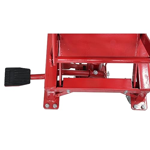 Extreme Max 5001.5083 Ultra-Stabile Hydraulic Motorcycle Lift Table with Foot Pad Lift Function - Raises Bikes from 13.25" to 34", 300 lbs. Weight Capacity, Red