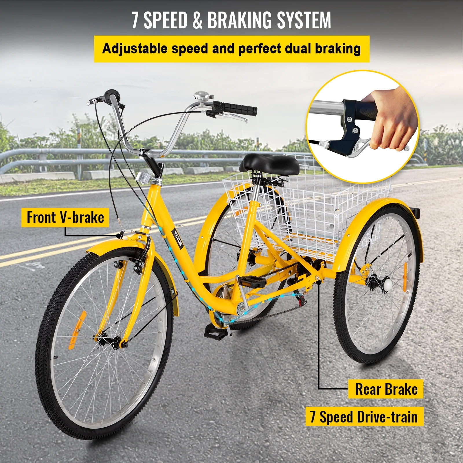 SKYSHALO Adult Tricycle 26in Adjustable Trike 7 Speed 3-Wheels Cruise Bike with Bell, Rear Brake System Cruiser Bicycles Large Size Basket for Shopping