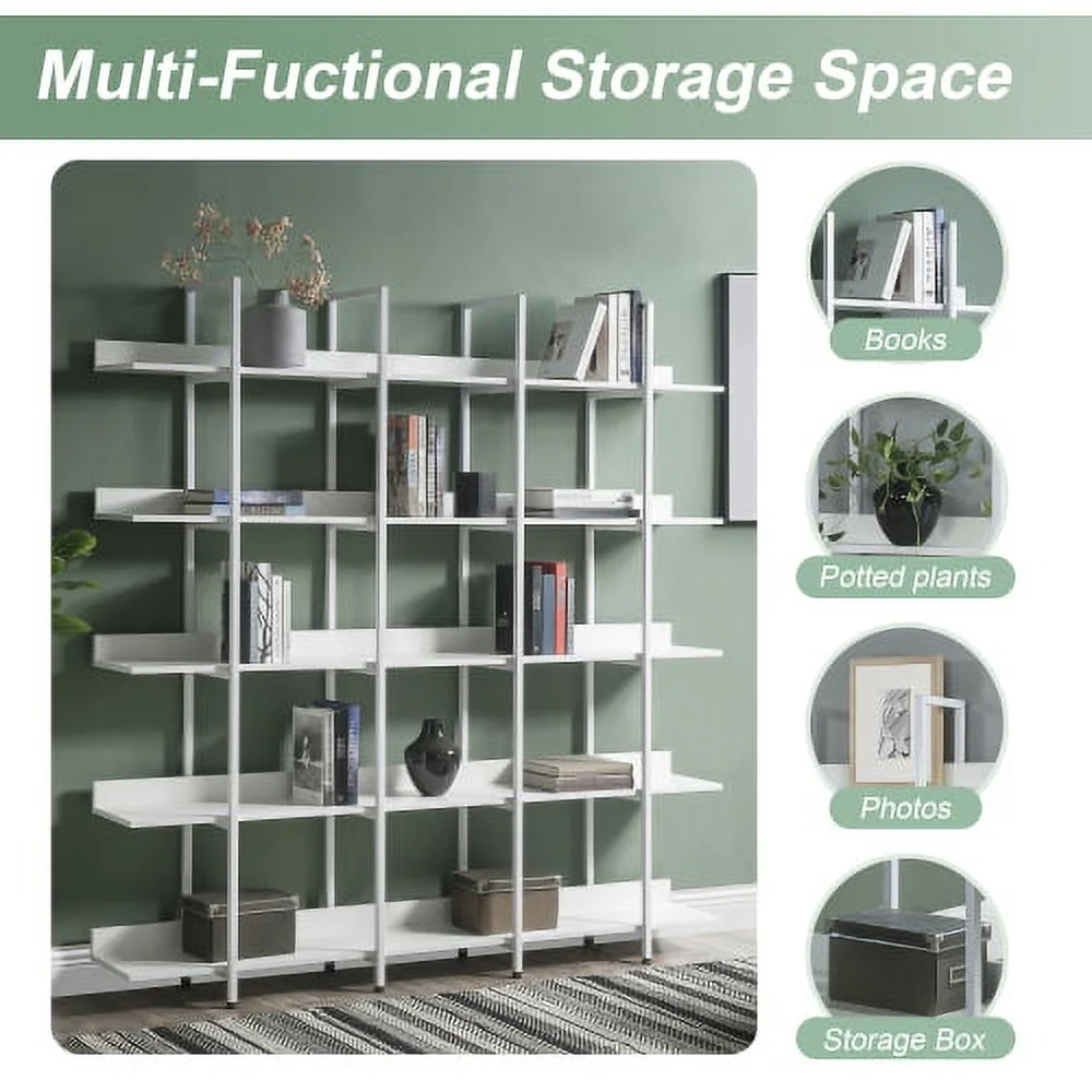 5 Tier Bookcase Home Office Open Bookshelf, Vintage Industrial Style Shelf with Metal Frame, MDF Board,White - Curated Treasures Market