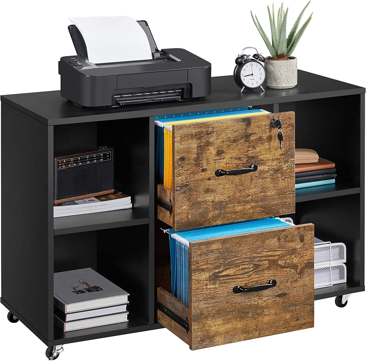 Black Filing Cabinet Large Mobile Storage Lateral Filing Cabinet with 2 Drawer and 4 Open Compartments,for Letter Size A4 Size, Printer Stand for Home Office, Black - Curated Treasures Market