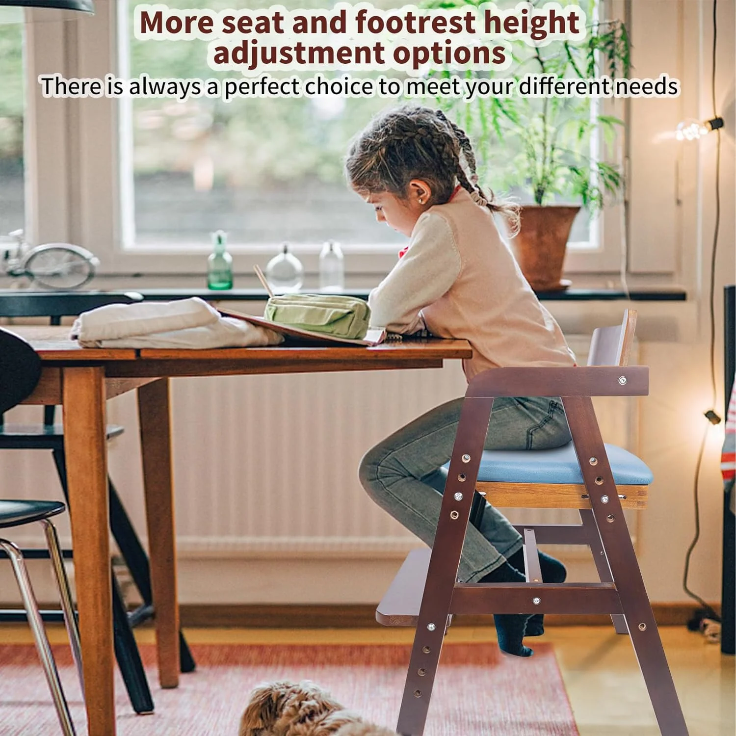 Wooden High Chair for Toddlers, Adjustable Toddler High Chair, 8 Levels Adjustable High Chair for Toddlers, Wooden Highchair with High Rebound Waterproof Cushion for Dining, Studying, Step Tool