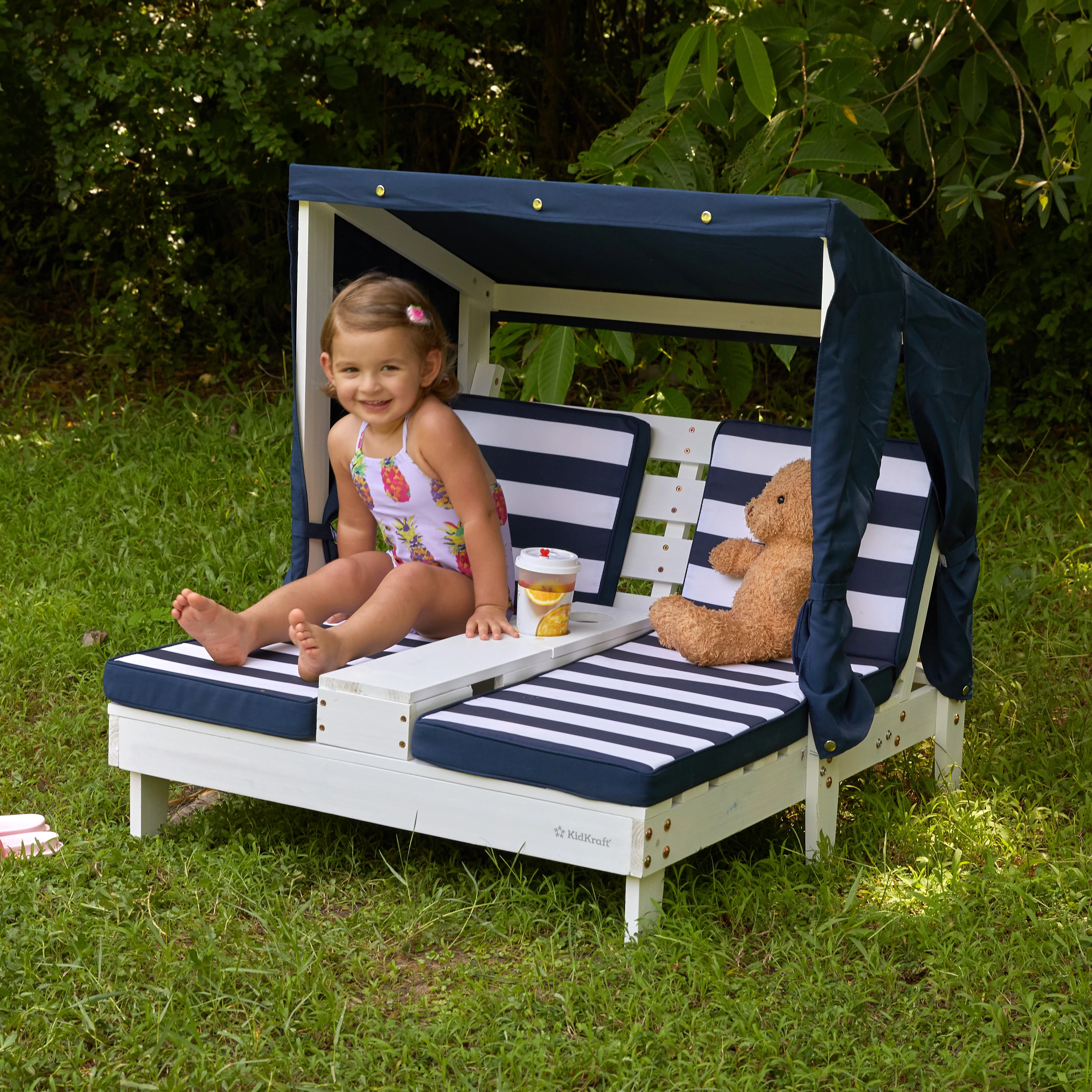 KidKraft Wooden Outdoor Double Chaise Lounge with Cup Holders, White with Navy and White Stripes