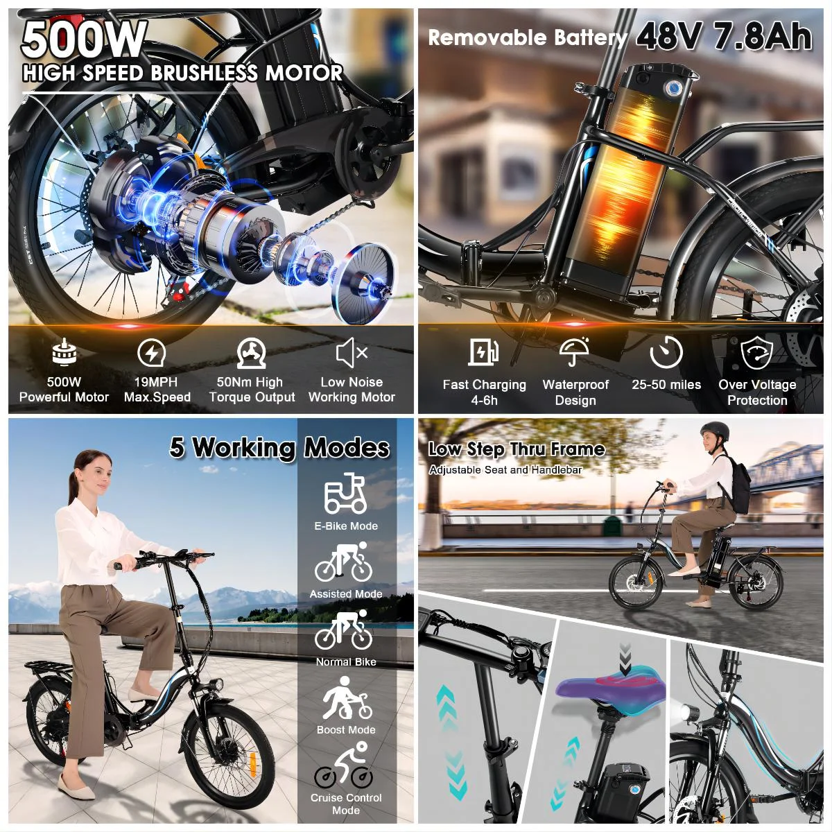 Elifine 500W Folding Electric Bike for Adults, 20" Foldable Ebike with 5 Riding Modes, 48V 7.8Ah Battery, 50 Miles Range Commuter City Electric Bicycle