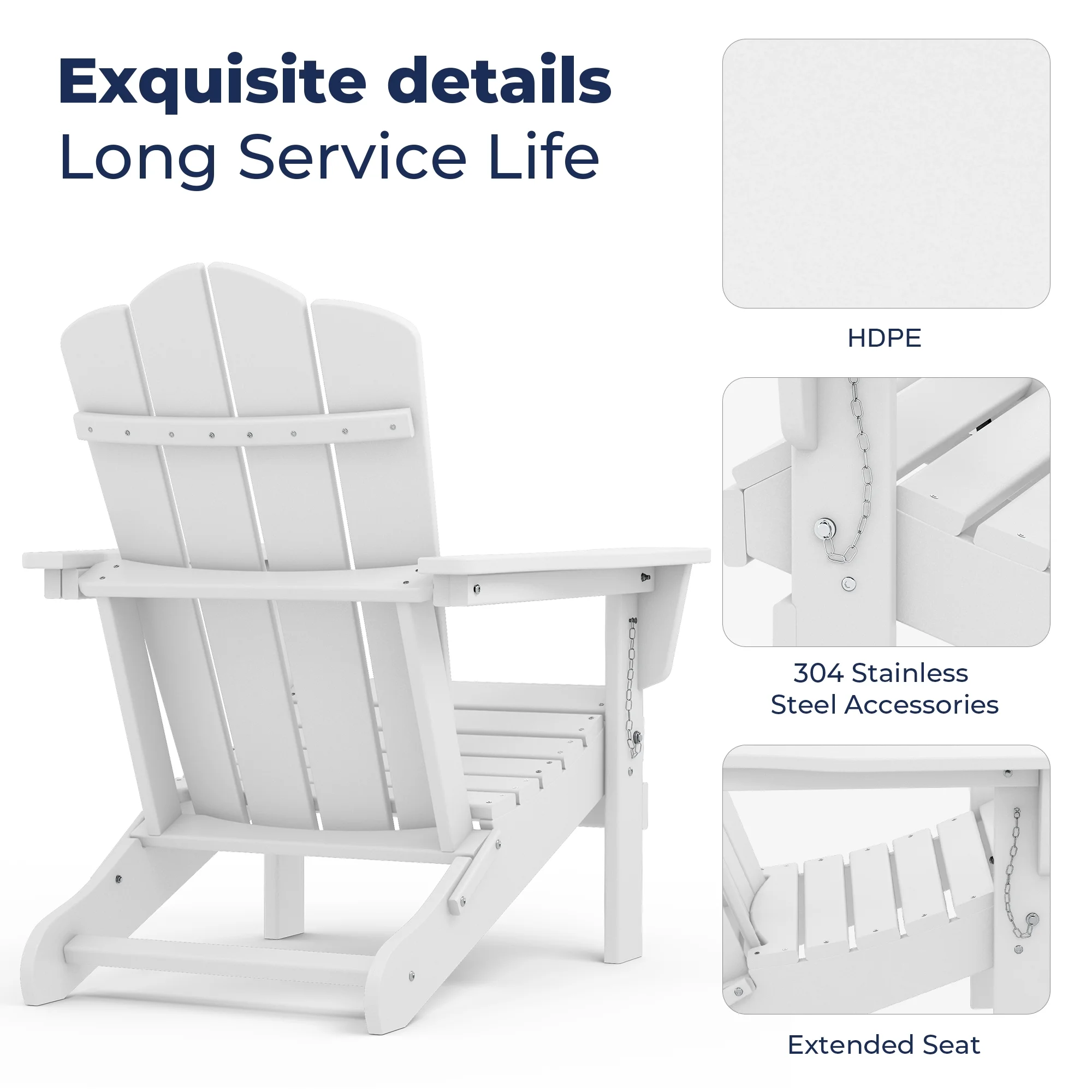 JEAREY Plastic Adirondack Chair, HDPE All-Weather Outdoor Folding Adirondack Chair for Outside, White