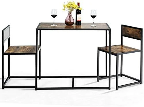 xrboomlife 3 Piece Dining Set  Industrial Dining Table with 2 Chairs  Small Kitchen Table Set with Metal Frame  Compact Bistro Table Set  Pub Breakfast Table for Small Space  Apartment (A