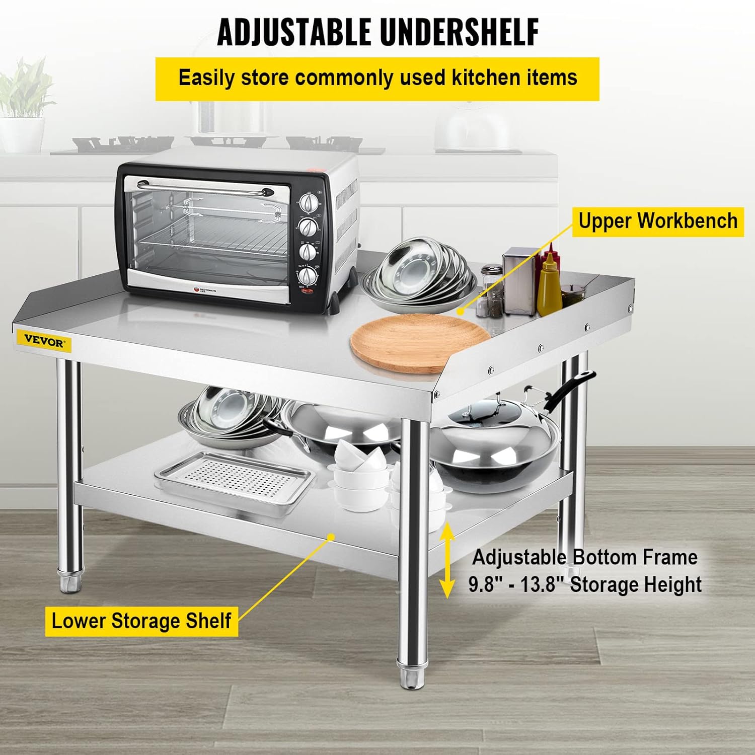 VEVOR Stainless Steel Equipment Grill Stand, 36 x 28 x 24 Inches Stainless Table, Grill Stand Table with Adjustable Storage Undershelf, Equipment Stand Grill Table for Hotel, Home, Restaurant Kitchen