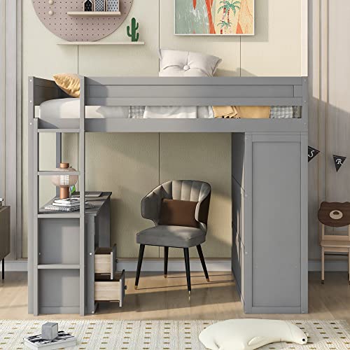 Full Size Loft Bed with Storage Wardrobe and Desk Wooden Loft Beds Frame with Drawers and Cabinet Wood High Loft Beds with Ladder for Kids Teens Adults, White