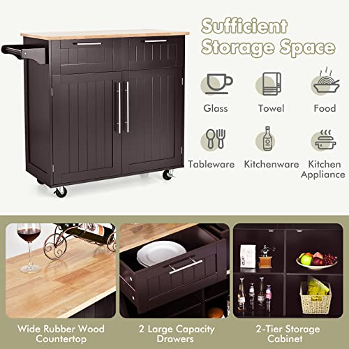SILKYDRY Kitchen Island with Storage, Kitchen Storage Trolley w/Adjustable Shelves, Rubber Wood Top, Towel Rack, Large Drawers & 2-Door Cabinet, Rolling Kitchen Cart Lockable Island Table