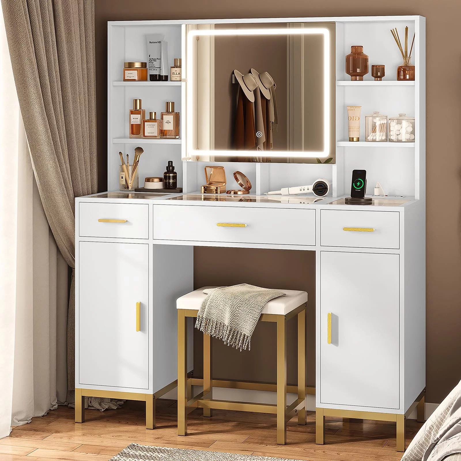 AOGLLATI Vanity Desk with Lights Mirror and 3 Drawers,Glass Tabletop Make up Vanity Set with Charging Station & 2 Cabinets,Hidden Hooks,White