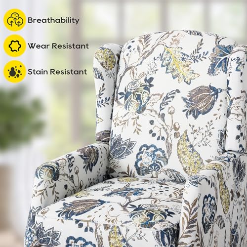Wingback Recliner Chair with Massage and Heat, Tufted Fabric Pushback Recliner Chair, Wingback Chair with Remote Control, Padded Cushion, Wooden Legs, Small Recliners for Small Spaces