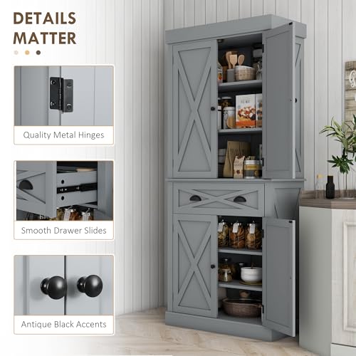 HOMCOM 72" Kitchen Pantry Storage Cabinet, Traditional Freestanding Cupboard with 4 Doors and 3 Adjustable Shelves, Large Central Drawer, X-Frame, White