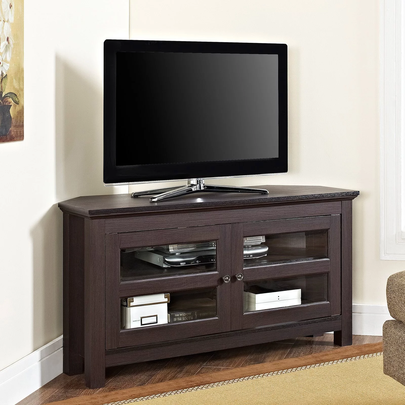 44" Transitional Farmhouse Wood Corner TV Console in Grey Wash