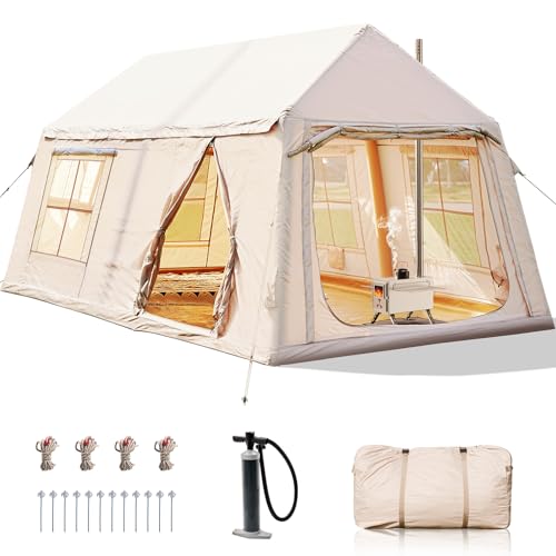 Inflatable Tents for Camping, Blow Up Tent with Hand Pump, Easy Setup Inflatable Hot Tent with Stove Jack, Waterproof Oxford Air Glamping Tents for Camping Adult 4-6 Person