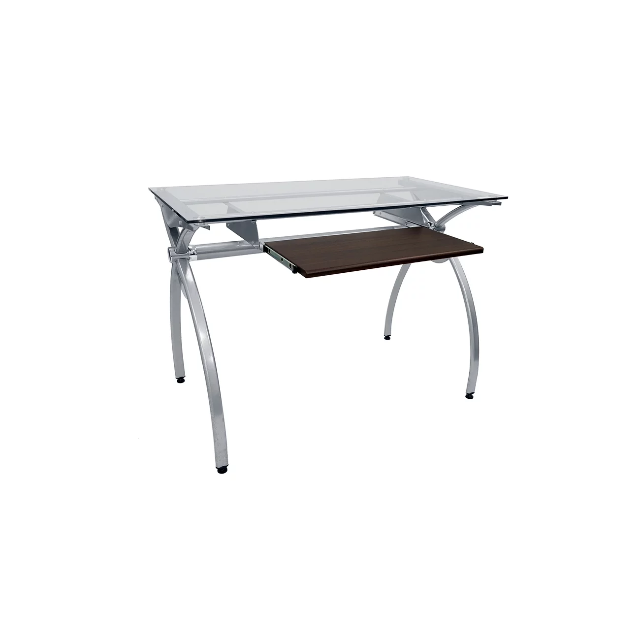 Techni Mobili Glass Top Computer Desk with Keyboard Tray & Silver Legs for Home Office or Study