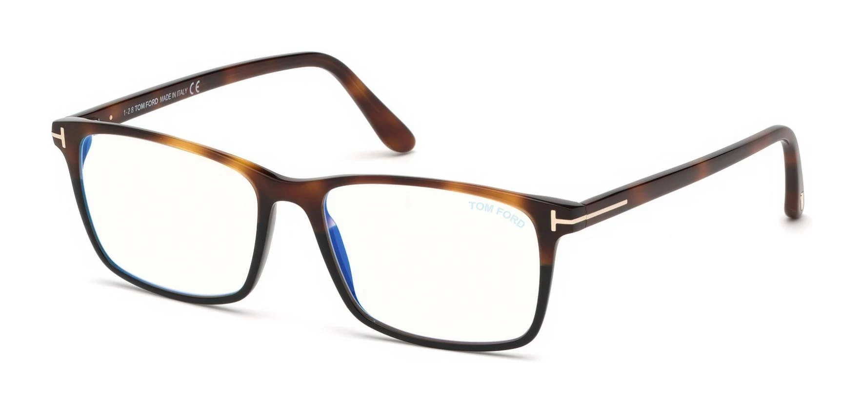 Tom Ford FT5584-B Shiny Medium Havana u0026 Black, Rose Gold T Logo / Blue Block Lenses