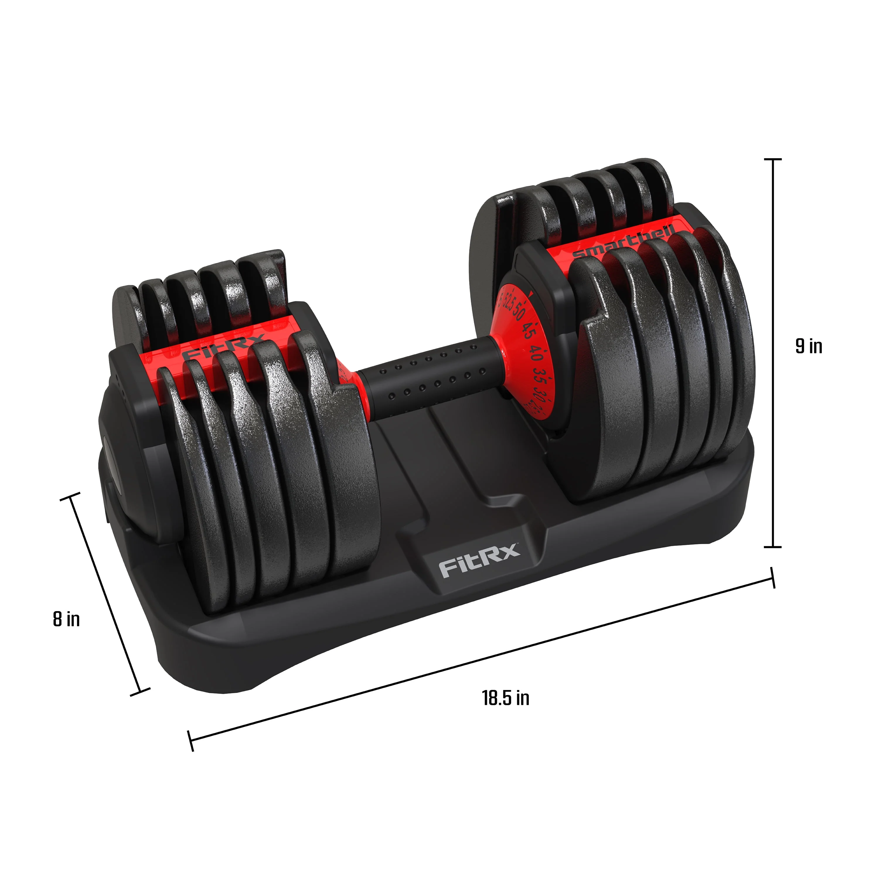 FitRx SmartBell, Quick-Select Adjustable Dumbbell, 5-52.5 lbs. Weight, Black, Single