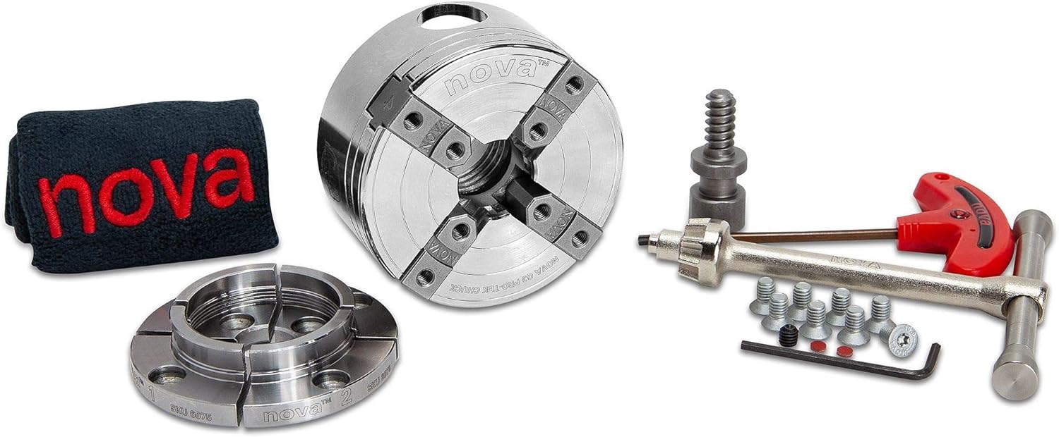 NOVA 48293 PREMIER PRO-TEK G3 CHUCK Bundle with 2" PRO-TEK Jaw Set, JSPIN 1" Pin Jaw Set, JS100N 4" Bowl Jaw Set, Woodworm Screw & Storage Case. 1"x 8 TPI Only (Does Not Use Inserts)