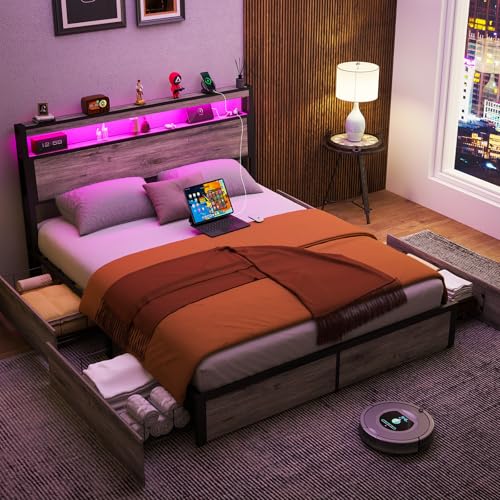 SADENICEL Queen Bed Frame with Storage Headboard and 4 Drawers, Metal Platform Bed Frame with LED Light, Charging Station, No Box Spring Needed, Noise Free, Easy Assembly, Vintage Brown