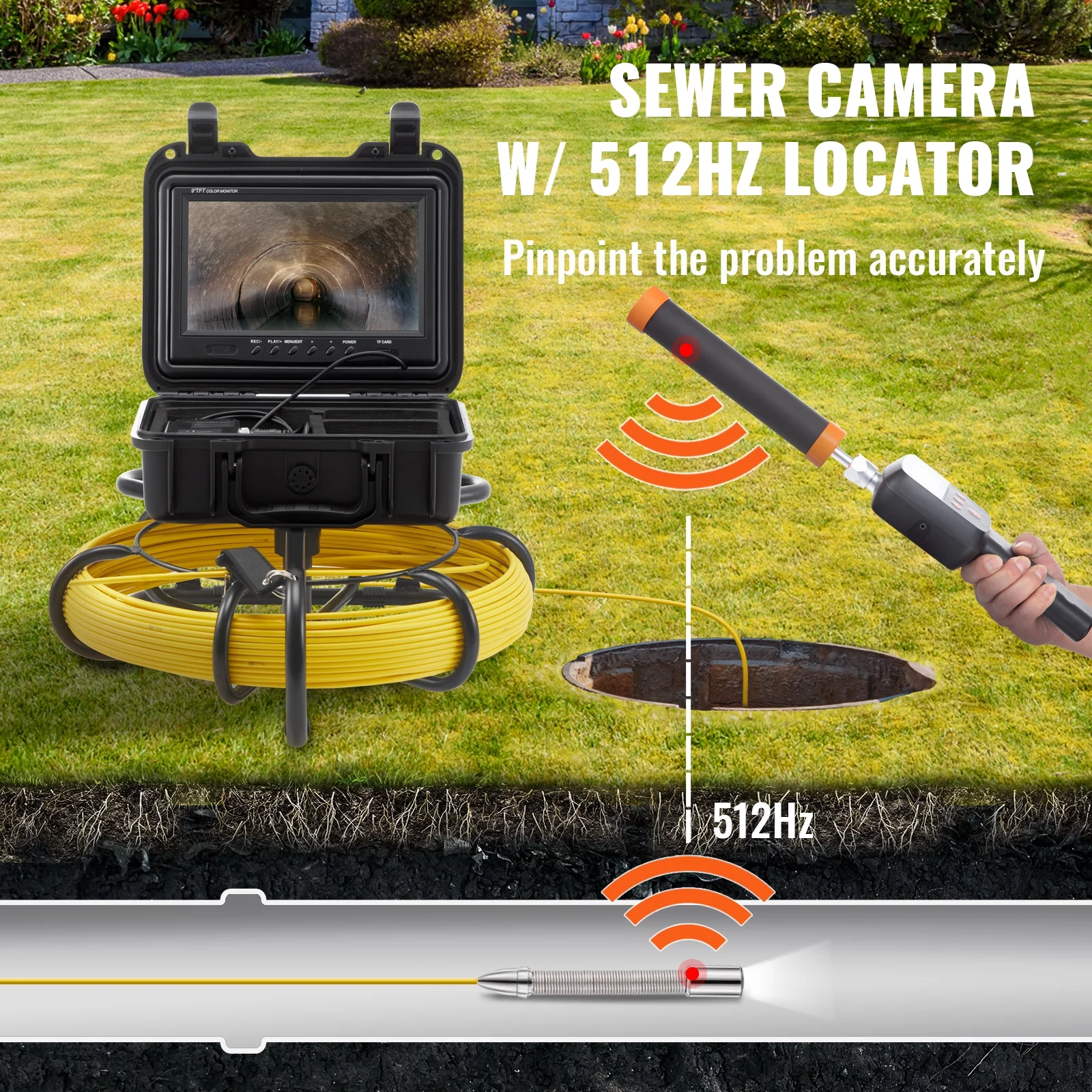 BENTISM Sewer Camera Pipe Inspection Camera w/ 512hz Sonde 9in 720p Screen 164 ft