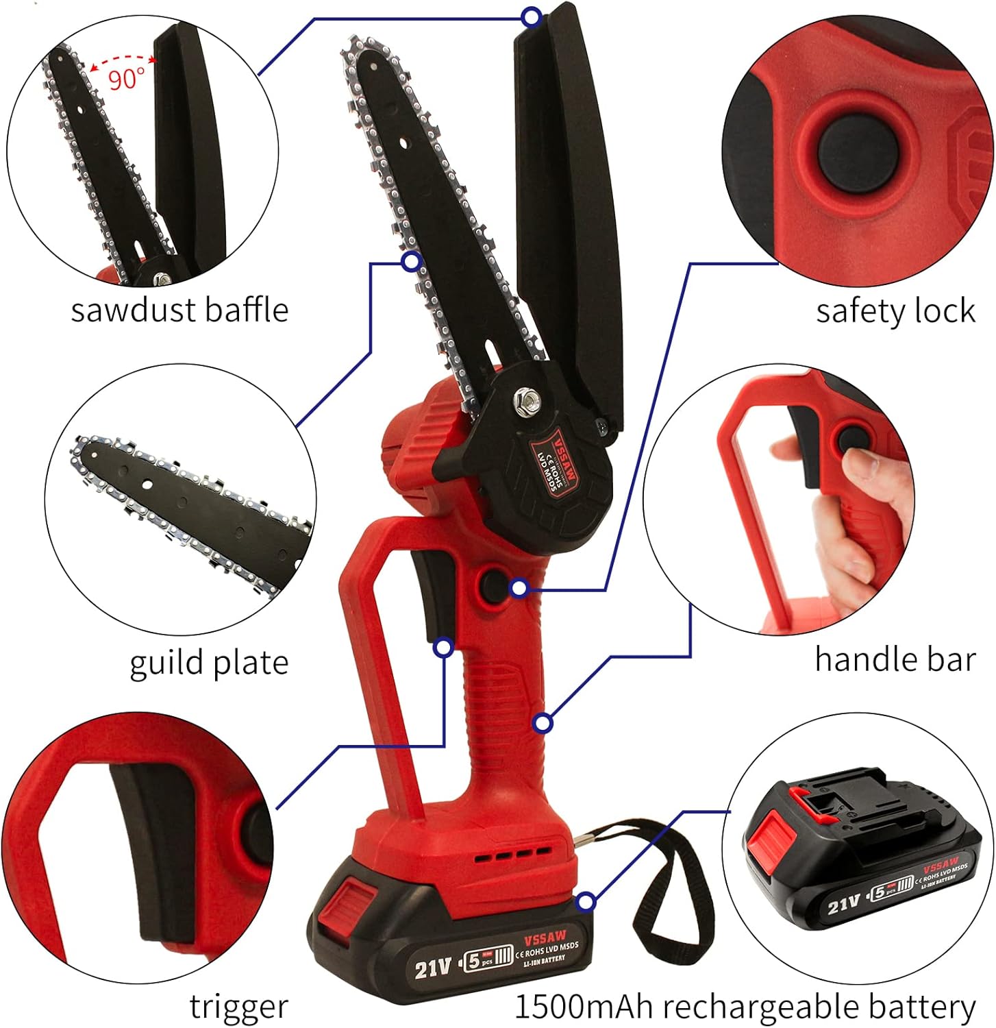 Mini Chainsaw Cordless Brushless, VSSAW 6 inch Battery Power Chain Saw, Portable Handheld Small Chainsaw with Security Lock for Tree Trimming Garden Pruning Branch Wood Cutting Pack of 2