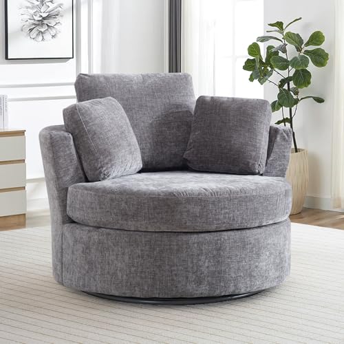 Chair and A Half with Ottoman, 360° Swivel Accent Barrel Chair Modern Comfy Round Reading Sofa Swivel Chairs Circle Lounge Chair for Bedroom Living Room w/4 Pillow Lower Seating Heigh (White, Large)