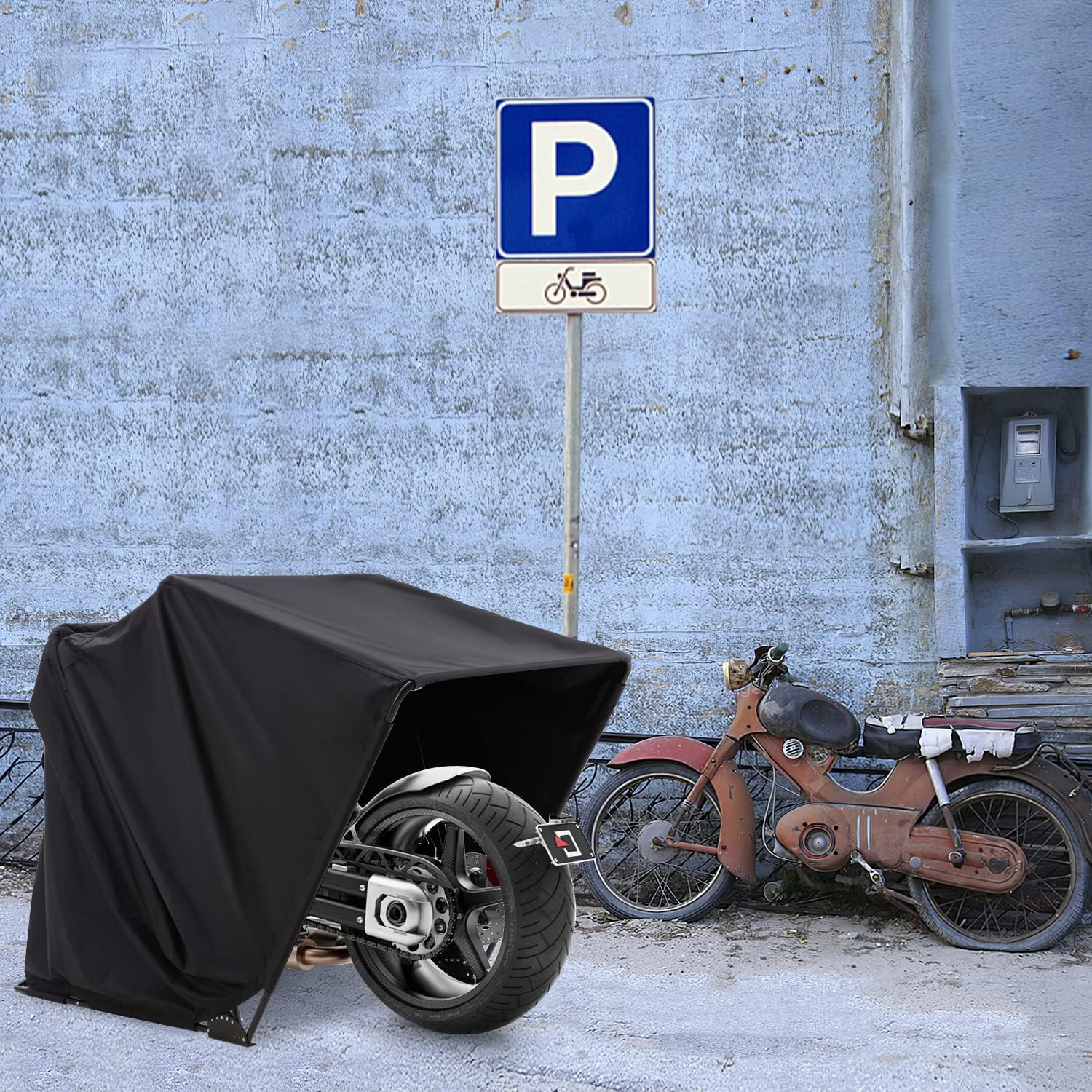 YOLENY Heavy Duty Motorcycle Shelter, Motorcycle Tent, Motorcycle Storage Sheds, Strong Frame Oxford Motorcycle Shed, 106" Motorcycle Cover Waterproof Outdoor, with Carry Bag