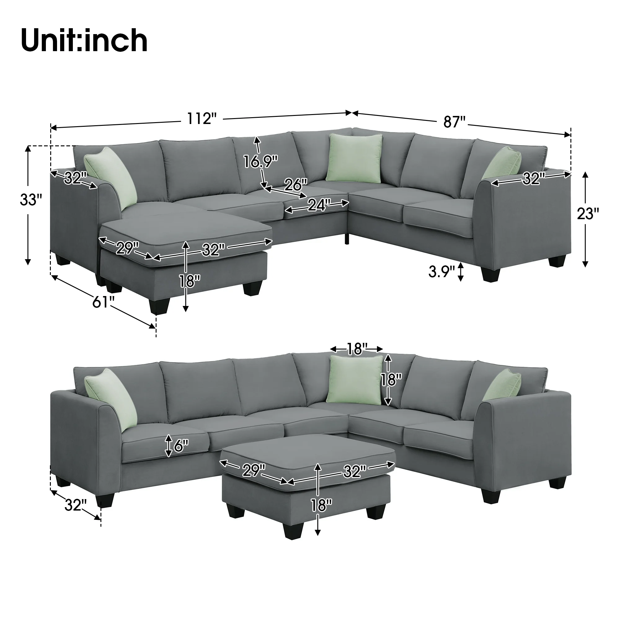 7 Seats Modular Sectional Sofa with Ottoman, L Shape Fabric Sofa Corner Couch Set Living Room Couches Sets with 3 Pillows, Gray, 112" x 87"