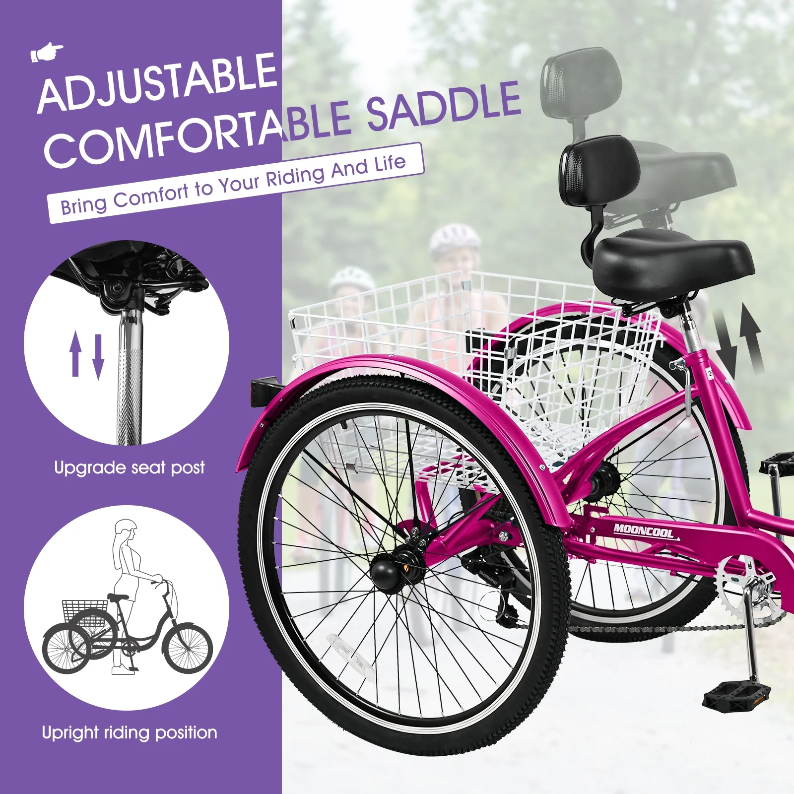 MOPHOTO Adult Tricycles 3 Wheel 7 Speed Trikes, 20/24/26 inch with Big Basket for Shopping, Picnics Exercise Men's Women's Senior's Trike