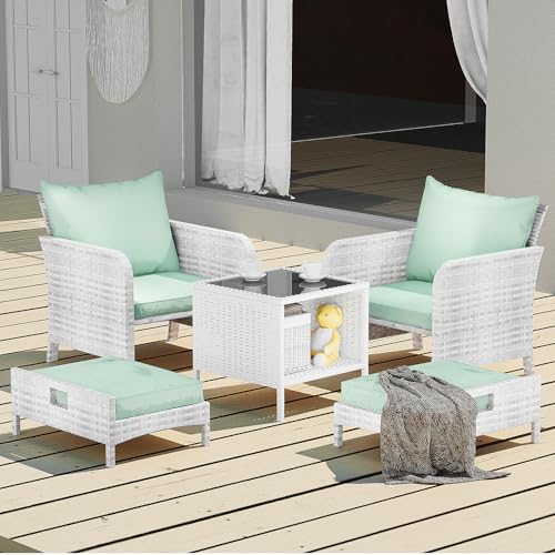 LEVELEVE Balcony Furniture 5 Piece Patio Conversation Set, PE Wicker Rattan Outdoor Lounge Chairs with Soft Cushions 2 Ottoman&Glass Table for Porch, Lawn-Brown Wicker